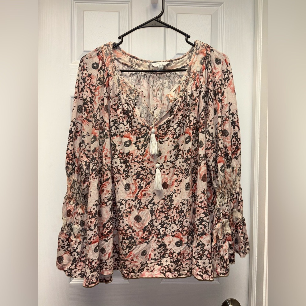 Lucky Brand Boho Floral Peasant Top – Tassel Tie Neck, Bell Sleeves, Size 1X